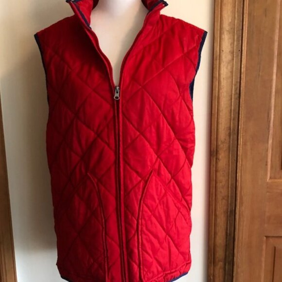 CROWN & IVY Red Puffer Quilted Vest Navy Trim Medium - Picture 10 of 14